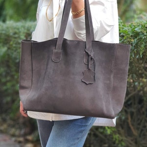 Suede Leather Tote Bag  For Woman / Anthracite Leather Shoulder Bag