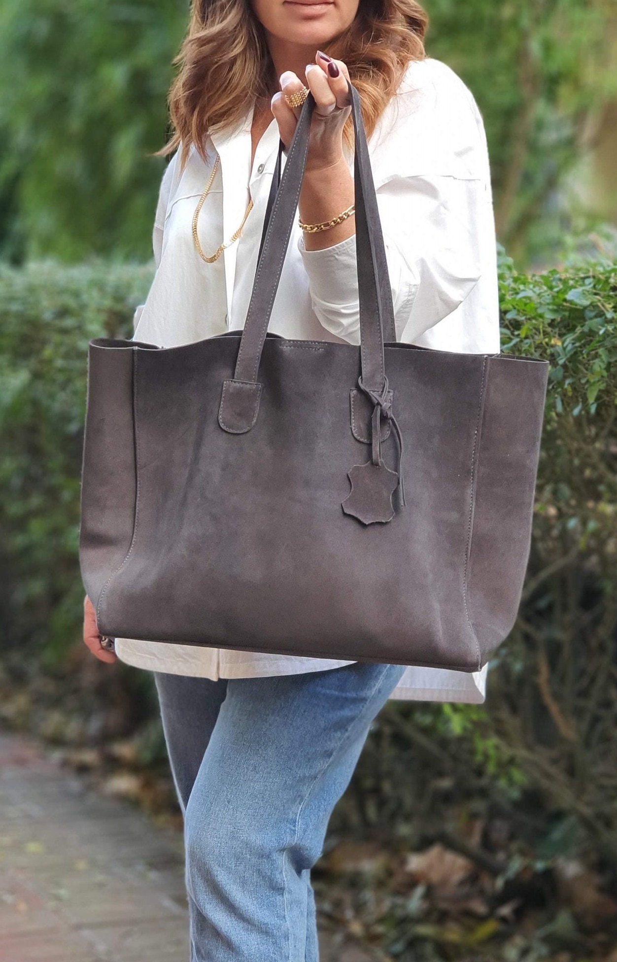 Handmade Suede Leather Tote Bag: Anthracite Gray Shoulder  NWT Waltzing Matilda Gray Distressed  Suede Leather Tote Bag main image 0