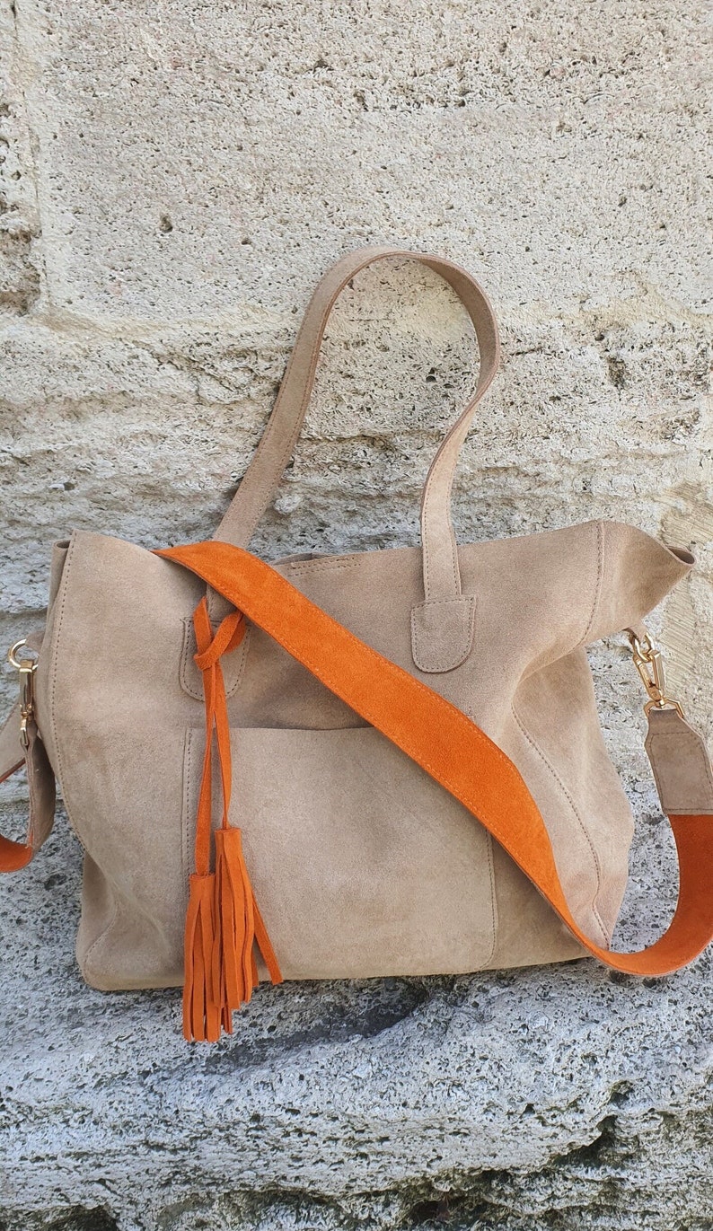 Suede Tote Bag, Beige Suede Purse, Orange Suede Tote Bag, Beige Shoulder Bag, Suede Tassel Shopping Bag, Personalized Gift, Real Suede Tote image 1