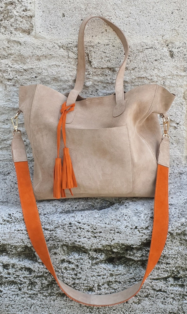 Suede Tote Bag, Beige Suede Purse, Orange Suede Tote Bag, Beige Shoulder Bag, Suede Tassel Shopping Bag, Personalized Gift, Real Suede Tote image 7