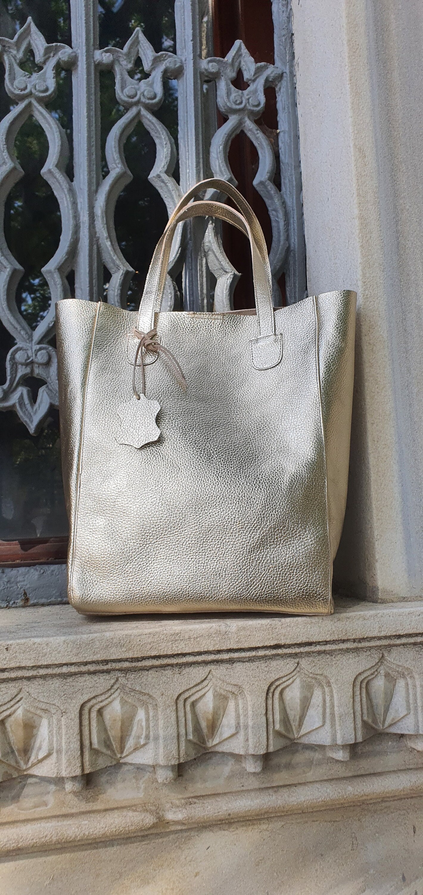 Gold Leather Tote - Etsy