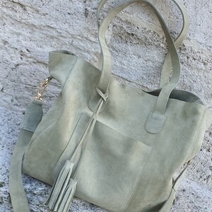 Handmade Green Suede Tote Bag: Leather Shoulder Purse with Tassel image 6