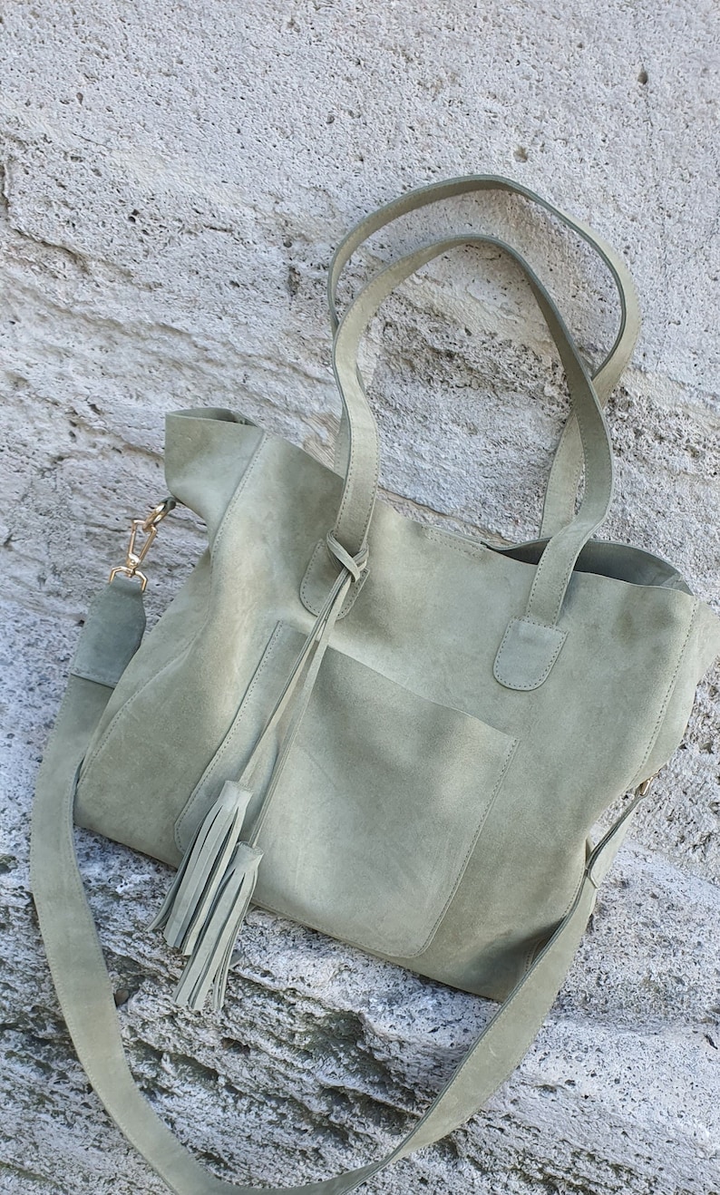 Handmade Green Suede Tote Bag: Leather Shoulder Purse with Tassel image 6