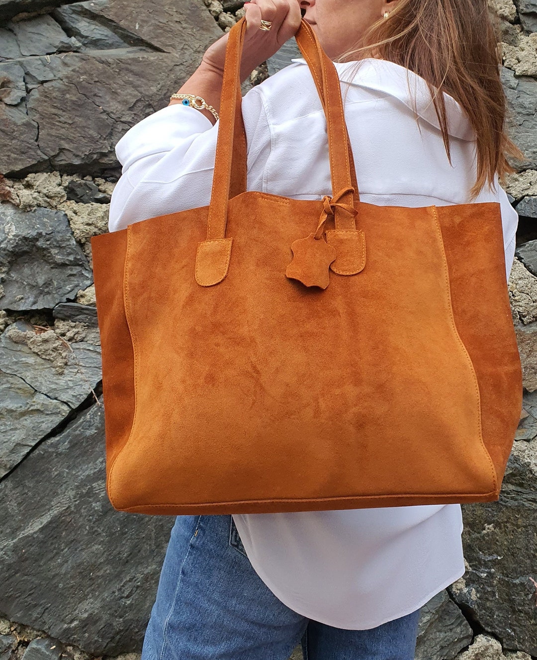 Tan Suede Leather Tote Bag for Women, Slouchy Tote, Every Day Bag ...
