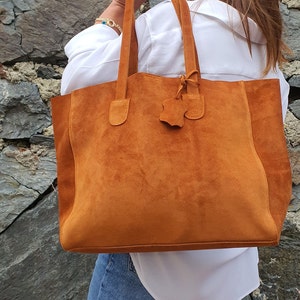 Tan Suede Leather Tote Bag For Women, Slouchy Tote, Every Day Bag, Shopper Bag
