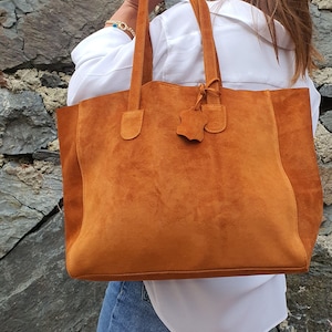Beige Wildleder Tragetasche für Frauen, Slouchy Tote, Alltagstasche, Shopper Tasche