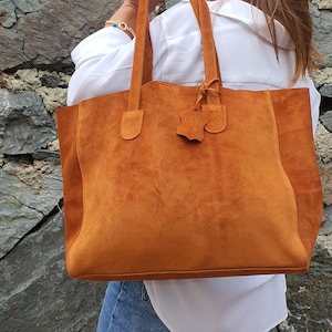 Tan Suede Leather Tote Bag For Women, Slouchy Tote, Every Day Bag, Shopper Bag