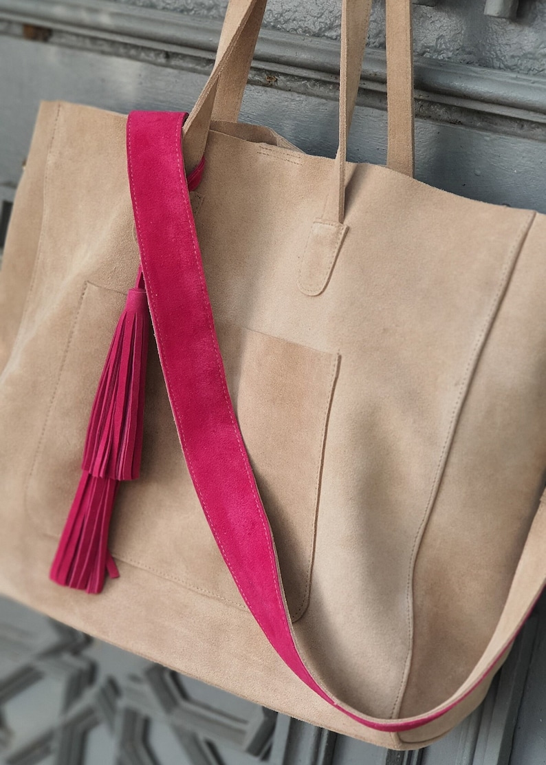 Suede Tote Bag, Beige Suede Shoulder Bag, Fuchsia Suede Bag, Everyday Satchel , Genuine Leather Casual Tote Bag, Tasseled Shopping Bag, image 8