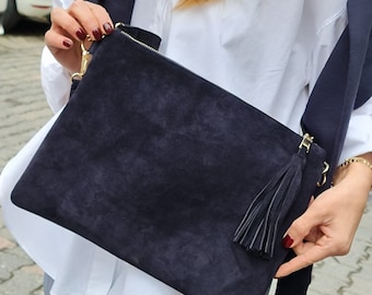 Small navy suede clutch bag deals