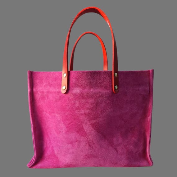 Fuchsia Pink Suede Tote Bag: Red Leather Handles, Zipper Closure
