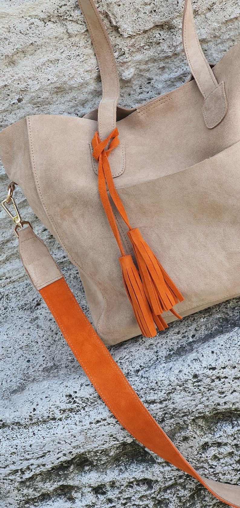 Suede Tote Bag, Beige Suede Purse, Orange Suede Tote Bag, Beige Shoulder Bag, Suede Tassel Shopping Bag, Personalized Gift, Real Suede Tote image 3