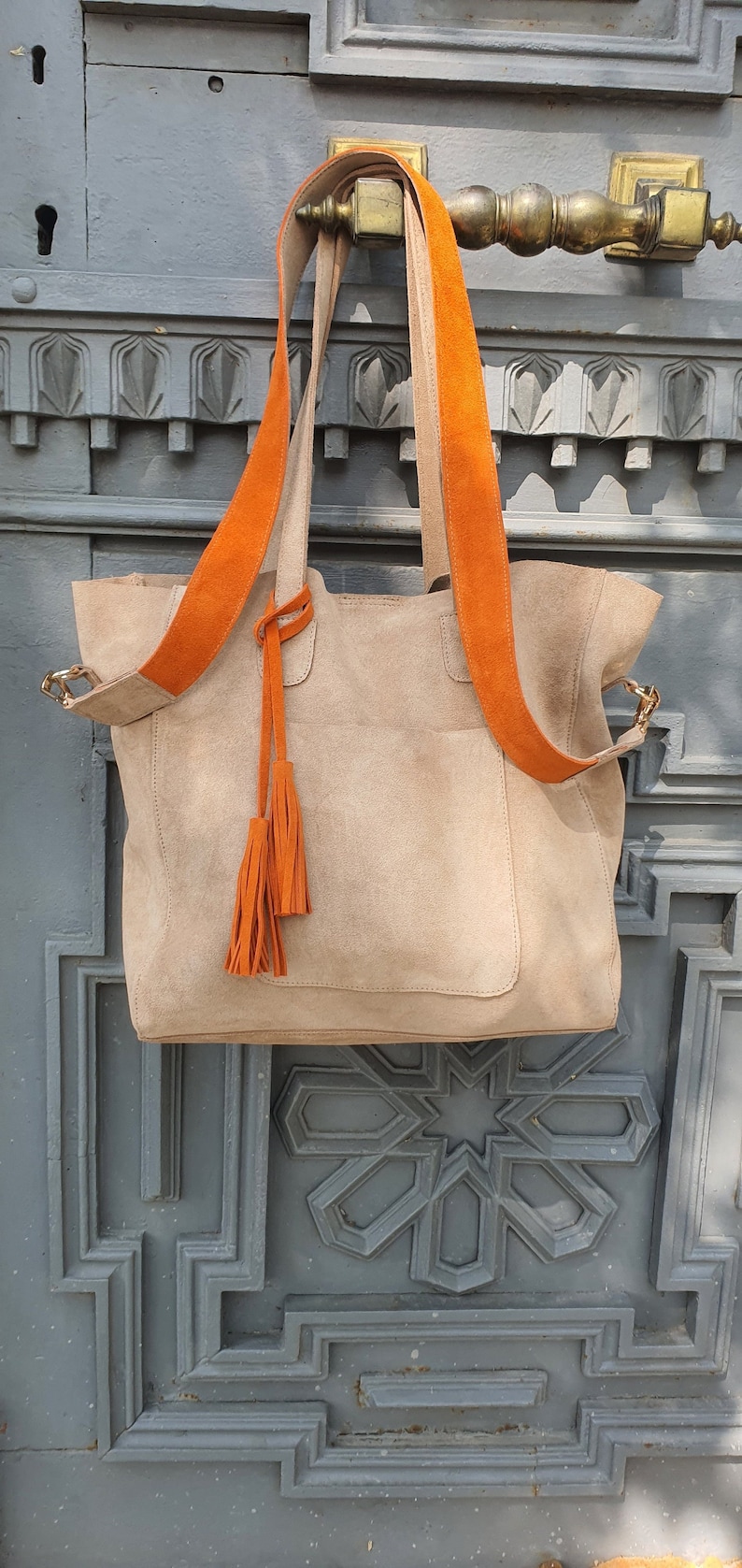 Suede Tote Bag, Beige Suede Purse, Orange Suede Tote Bag, Beige Shoulder Bag, Suede Tassel Shopping Bag, Personalized Gift, Real Suede Tote image 6