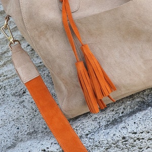 Suede Tote Bag, Beige Suede Purse, Orange Suede Tote Bag, Beige Shoulder Bag, Suede Tassel Shopping Bag, Personalized Gift, Real Suede Tote image 9