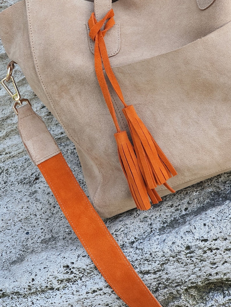 Suede Tote Bag, Beige Suede Purse, Orange Suede Tote Bag, Beige Shoulder Bag, Suede Tassel Shopping Bag, Personalized Gift, Real Suede Tote image 9