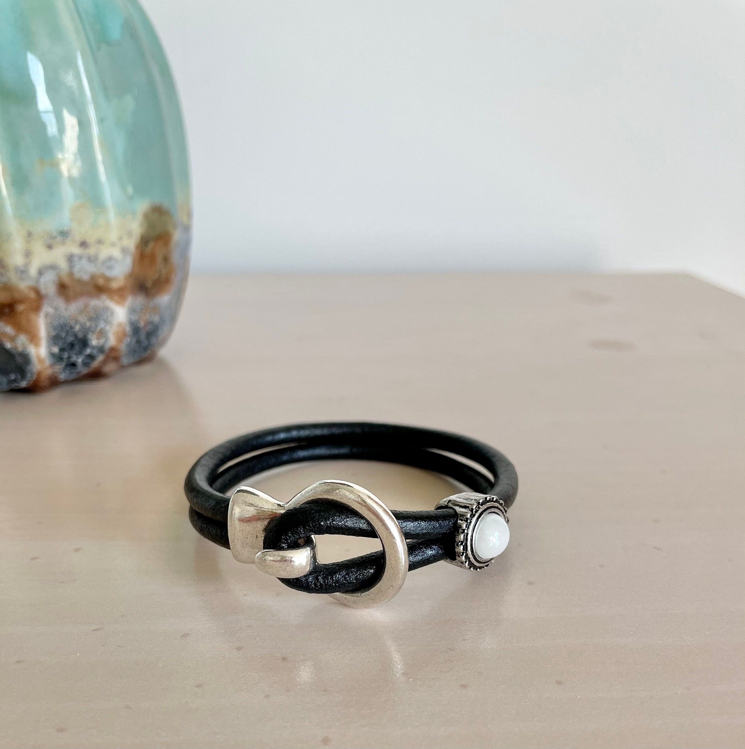 Black Leather and Silver Handmade Wrap Bracelet Women's 