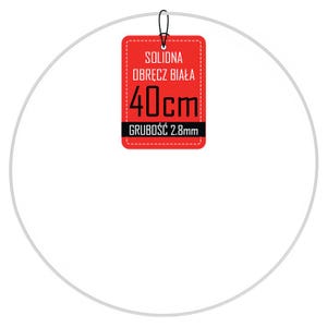 Puede incluir: Un objeto circular blanco con una etiqueta roja adjunta. La etiqueta tiene el texto "SOLIDNA OBRĘCZ BIAŁA 40cm GRUBOŚĆ 2.8mm". El objeto tiene 40 cm de diámetro y 2,8 mm de grosor.