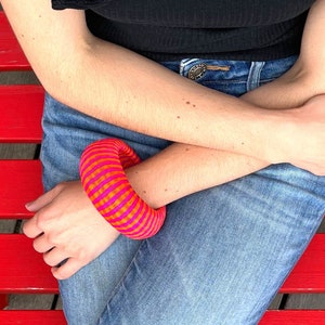 Big wide bracelet, colorful woven bangle, statement tribal boho bracelet, unique ethnic cuff, pink zebra pattern, unique birthday gift