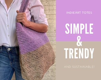 Sisal Tote Large Beach Bag, Colorful Purple and Natural, Hand Woven market bag, beach bag, cute handmade shoulder bag, Summer Accessory