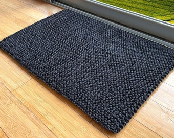 Entryway Rug Indoor Door Mat, Natural Fiber Black Braided Small Rug, Hand Woven Boho Premium Sisal Doormat - IndieArt