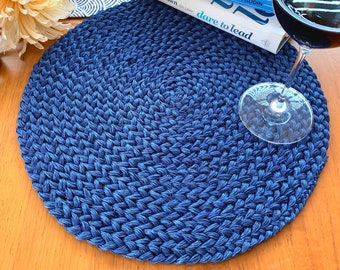Round Placemats Set for Dining Table, Hand Braided 14inch, Hot Pot Holder Heat Resistant Mats, Straw Wicker Natural Placemats Blue Navy