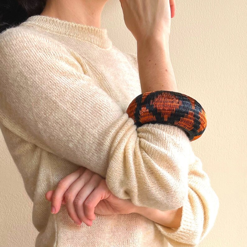 Statement copper bracelet, real big copper bangle, woven with natural fiber, statement tribal boho bracelet, unique jewelry birthday gift image 6