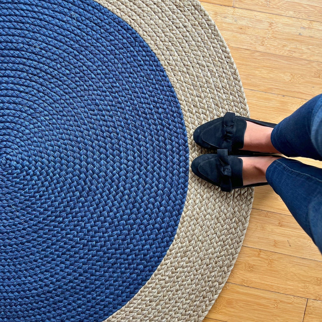 Round Braided Rug, Natural and Blue Color, Handwoven Made of Natural