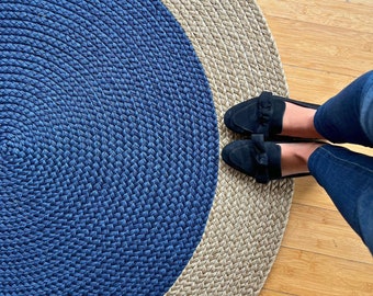 Round Braided Rug, Natural and Blue Color, Handwoven made of Natural Sisa Fiber, Boho Premium Rug, 4 feet diameter - IndieArt