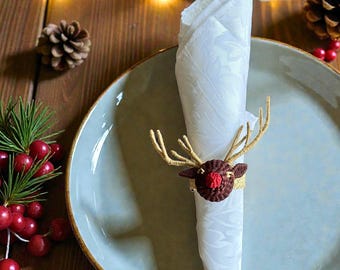 Rudolph Napkin Ring Sets, Natural Fiber Napkin holder Sets, Hand woven Christmas Table Decor, Special Reindeer Character Accessories Gift