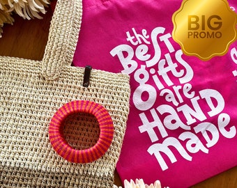 Natural Tote Large Bag Bundle with Statement Bracelet and Pink tote Pack | Hand Woven market bag, beach bag | Wide Bracelet Gift -IndieArt