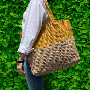Natural Tote Bag, Large Mustard & Natural Beach Bag, Gym Bag, Market Bag, Natural Shoulder Bag, Every Day Accessory