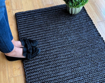 Entryway Natural Black Floor Mat Indoor Outdoor DoorMat, Braided Rug, Front Door Mat Custom Rug, HandWoven Boho Welcome Mat, Natural Decor