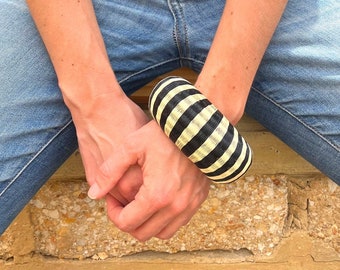 Wide bracelet, natural fiber woven bangle, statement tribal boho bracelet, unique ethnic cuff, black lines | IndieArt