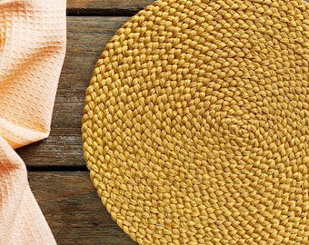 Round Natural Placemats Set for Dining Table, Hand Braided 14inch, Hot Pot Holder Heat Resistant Mats, Straw Wicker Placemats, Mustard Color