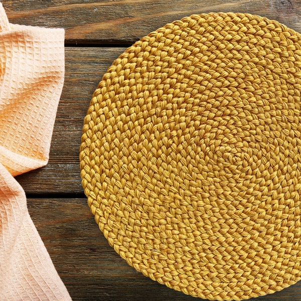 Round Natural Placemats Set for Dining Table, Hand Braided 14inch, Hot Pot Holder Heat Resistant Mats, Straw Wicker Placemats, Mustard Color