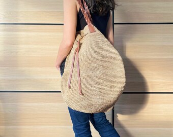 Sisal Tote Large Bag, Natural Color with leather finishes, Hand Woven market bag, beach bag, stylish handmade tote bag, Summer Accessory
