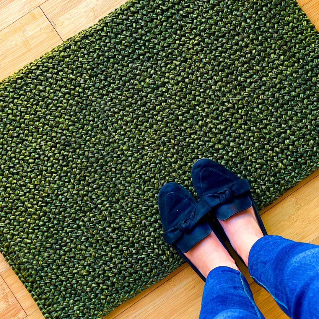 Entryway Rug Indoor Door Mat, Natural Fiber Green Braided Small Rug