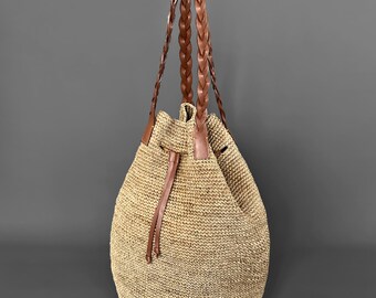 Sisal Tote Large Bag, Natural Color with leather finishes, Hand Woven market bag, beach bag, stylish handmade tote bag, Summer Accessory