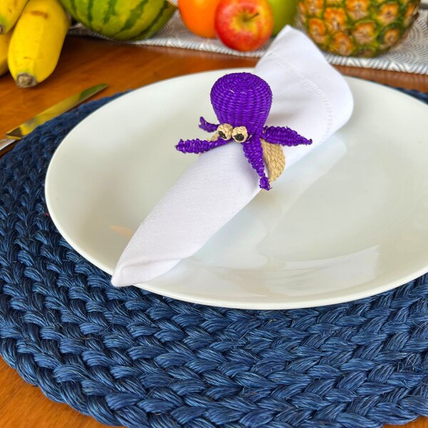 Octopus Napkin Ring Sets, Natural Fiber woven Octopus napkin holder, Summer Squid Table Decor - IndieArt