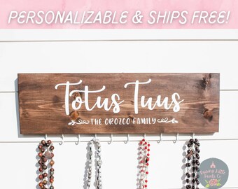 Totus Tuus personalized wall rosary hanger.  Beautiful Catholic wall decor makes a great gift and addition to your prayer space!