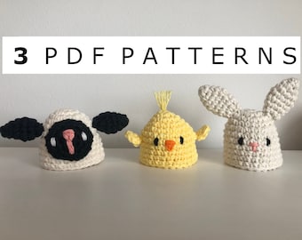 May include: Three crochet amigurumi patterns: a white lamb, a yellow chick, and a white bunny. The patterns are available as PDF downloads.