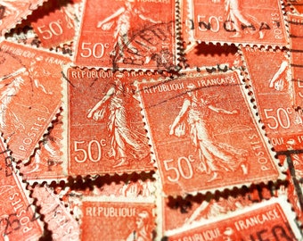 1920s - 30, 50 or 100 French stamps - Red/orange color - Old postmarked stamps