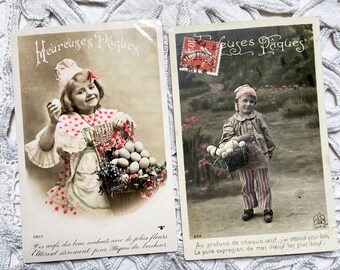 1910s - 2 French postcards of happy Easter with children and eggs