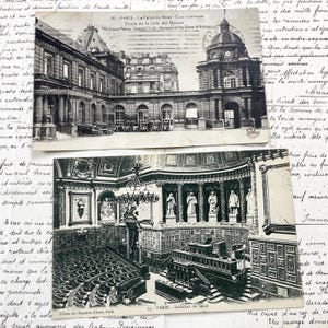 Década de 1920 - Cartão postal de Paris - Dentro e fora do Senado Francês - Cartão postal vintage de Paris