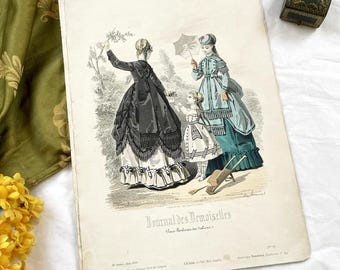 1860s - Original Antique French Fashion Plate from Journal des Demoiselles - Elegant 1868 Victorian Costume Engraving - Parisian Boutique