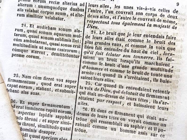 May include: Close-up of an open book with text in Latin and French. The pages are aged and yellowed, with visible text and a detailed layout. The text is in black ink.