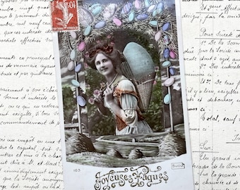 1910s - Easter - Beautiful French postcard with a woman carrying an Easter egg