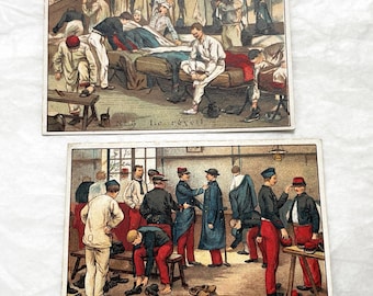 1900s - 2 French Military Life Illustrated Trade Cards - Advertising for Maison Bernheim and Cie Auxerre - Vintage Ephemera Collectible