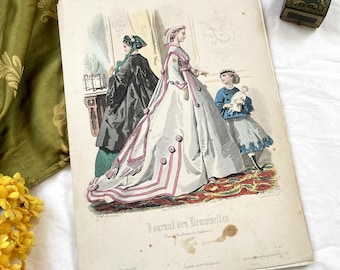 1860s - Original French Fashion Plate - Journal des Demoiselles - Victorian Era Dress Print - Hand-Colored Antique Illustration - Paris