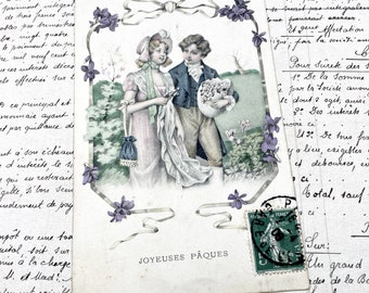 1900s - Beautiful French postcard with the words "Joyeuses Pâques" ("Happy Easter') - Young couple