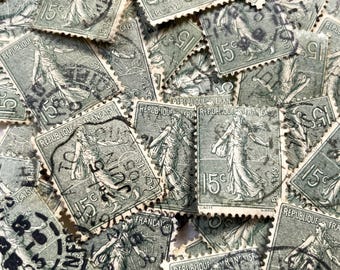 1920s - 30 French Stamps - Grey Green Color - Old Postmarked Stamps